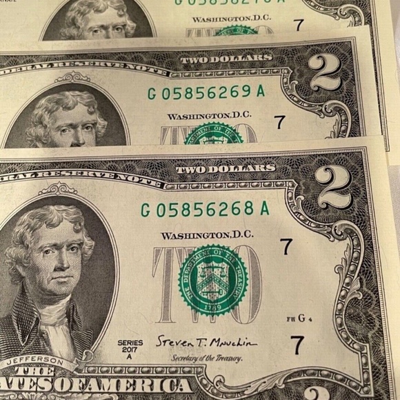 3 New $2 Bills 2017A Consecutive Low Serial # 68 To # 70 Two Dollar Notes Uncirc - Picture 3 of 5